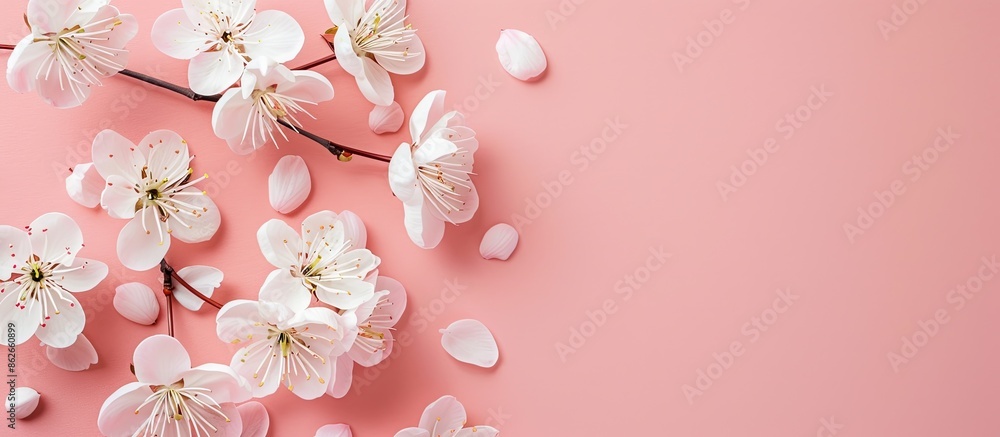 Poster delicate white flowers on a pastel pink background with copy space image. illustrating a springtime 