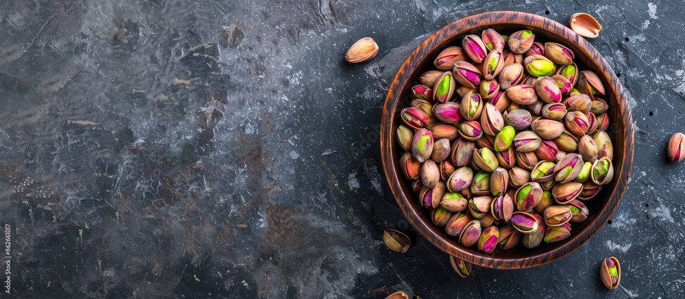 Poster Wooden bowl filled with peeled pistachios displayed in both raw and roasted forms, with a blank space in the image for text or designs. Copy space image. Place for adding text and design