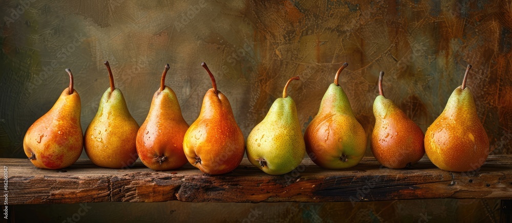 Poster Pears at their peak ripeness arranged on a rustic table with a bare spot for a photo. Copy space image. Place for adding text and design