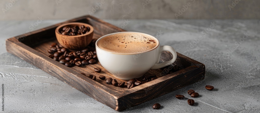 Poster selective focus on a steaming cup of cappuccino coffee presented on a wooden tray with coffee beans 