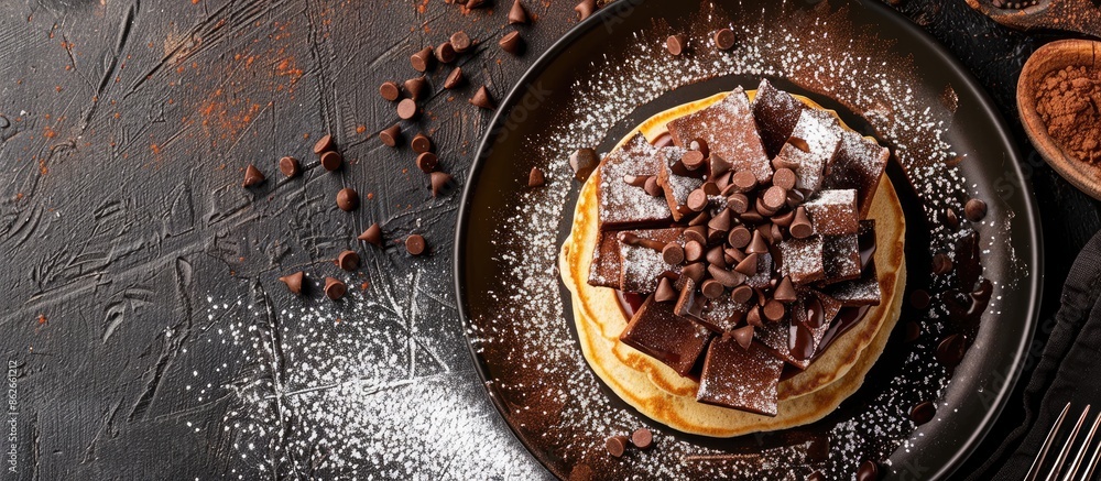 Poster top view of a delicious dessert menu concept featuring thin pancakes. the image provides ample copy 