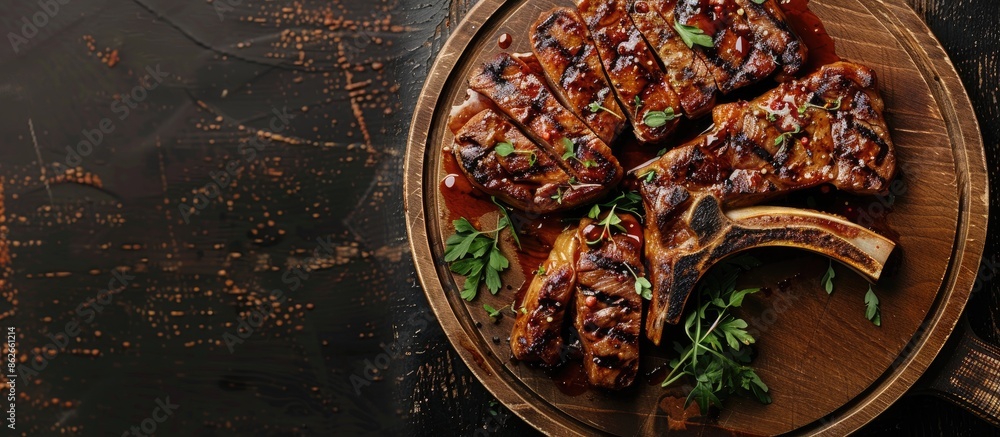 Poster top view of sliced bbq pork chop or t-bone steak on a wooden board against a dark background, suitab