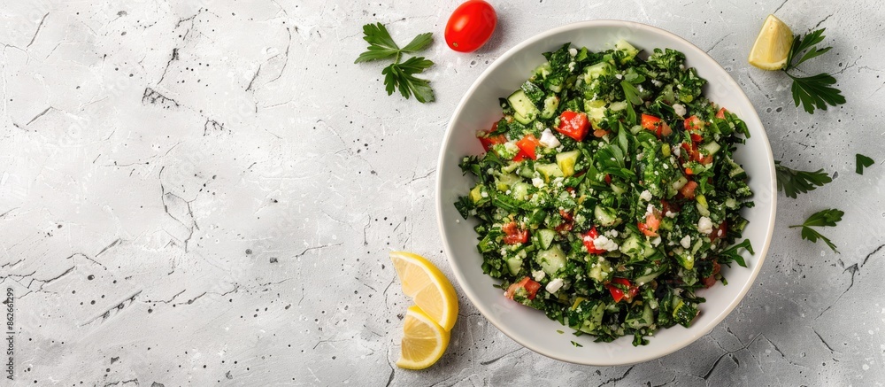 Poster top view of a tabbouleh salad dish on a light gray concrete surface with copy space image, showcasin
