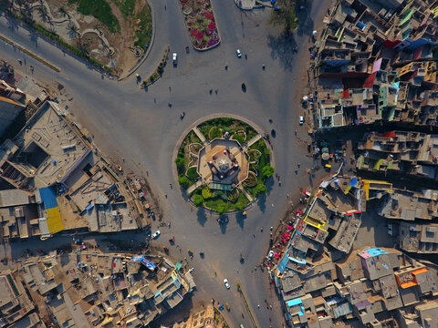 Aerial view of bustling and vibrant roundabout in Multan, Punjab, Pakistan.