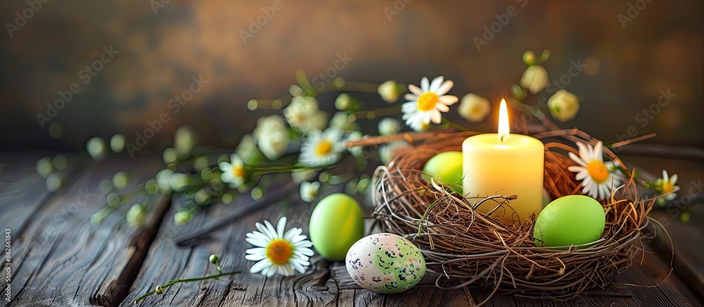 Poster easter themed festive setup with a candle, colorful eggs, daisy, green eggs in a nest on wooden tabl