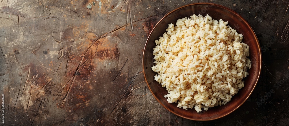 Poster table with a plate of cooked brown rice, offering ample copy space for adding text.