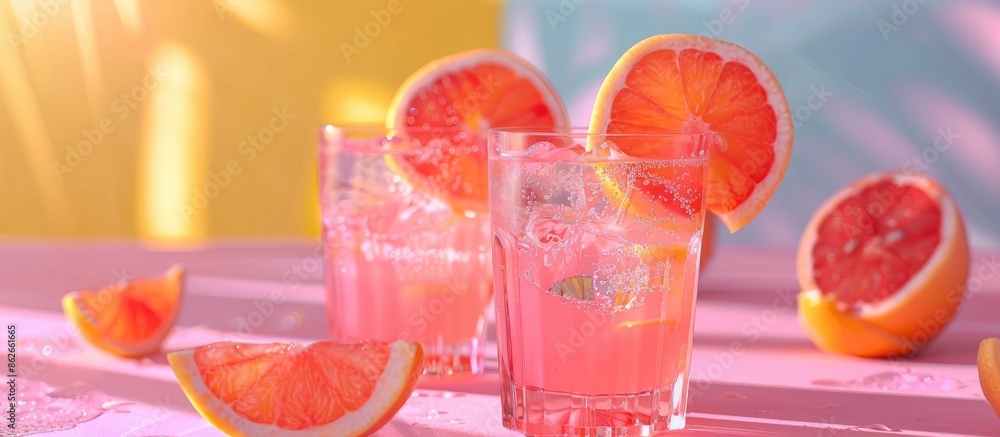 Poster close-up of delicious grapefruit lemonade in glasses on a colorful background with copy space image.