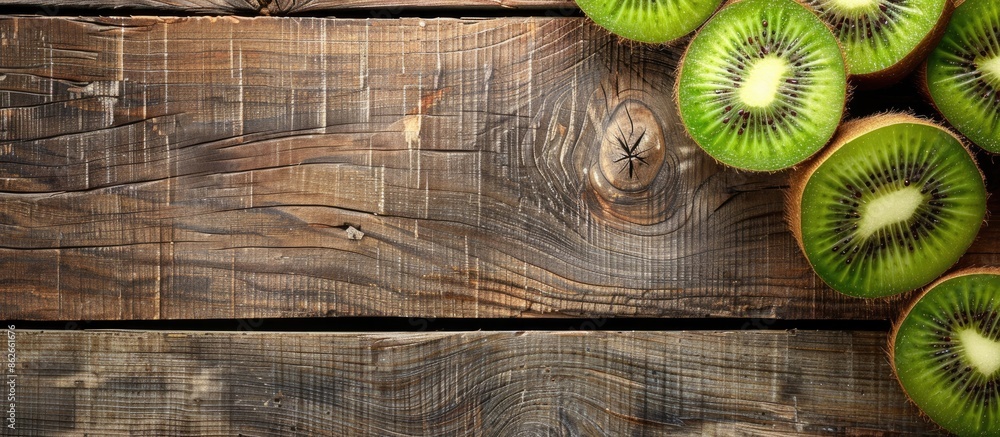 Poster Kiwi fruit slices displayed on a wooden surface with ample copy space in the image.