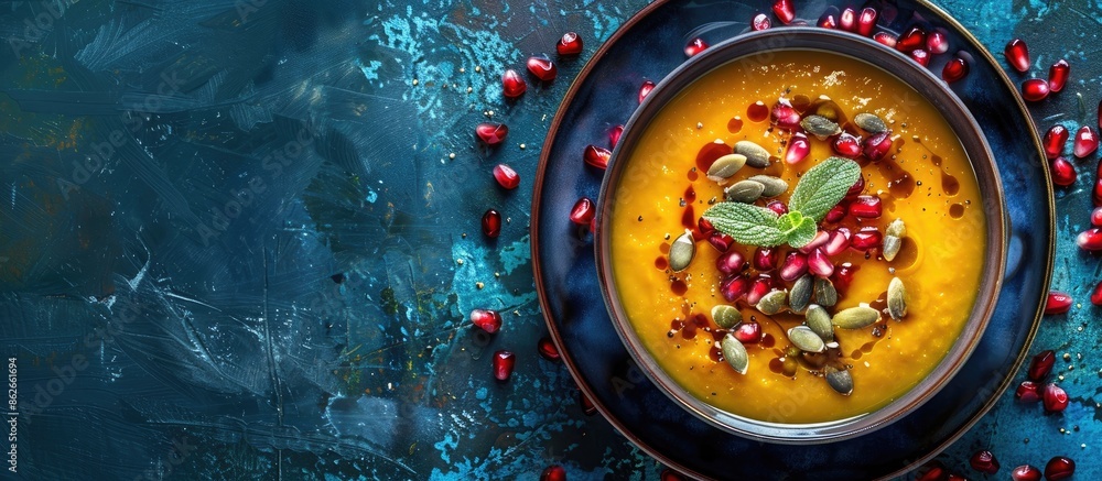Poster flat lay with a spicy pumpkin soup topped with pumpkin seeds and pomegranate, perfect for copy space