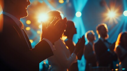3. A group of diverse professionals applauding a colleague receiving an award, with a spotlight illuminating the recipient against a blurred corporate setting, celebrating excellence in business.