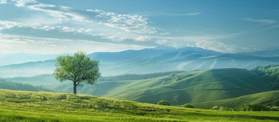 Fototapeta premium Lonely tree on a mountain meadow, set against rolling hills and a striking blue sky. Morning landscape with space for text. Image suitable for wallpaper or desktop background. Copy space image