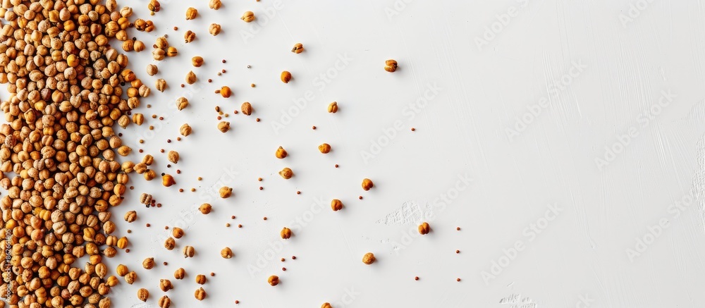 Poster flat lay image of dried chickpeas on a white backdrop with copy space. ideal for vegans seeking high