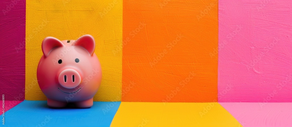 Poster Piggy bank on a colorful background with copy space image.