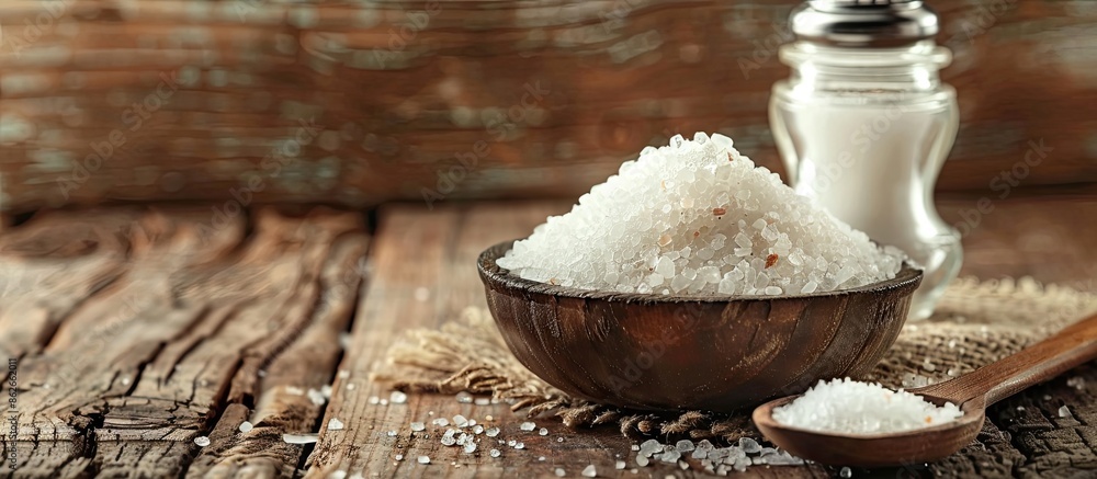 Poster close-up view of organic salt in a bowl and glass shaker on a wooden table, with ample space for tex