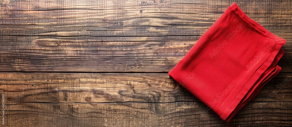 Poster A flat lay of a red kitchen napkin on a table with empty space for customization, adopting a minimalist design. Copy space image. Place for adding text and design