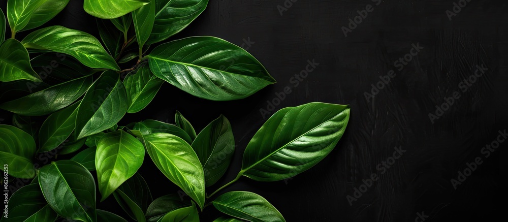 Poster plant leaves set against a black backdrop with space for text or images. copy space image. place for