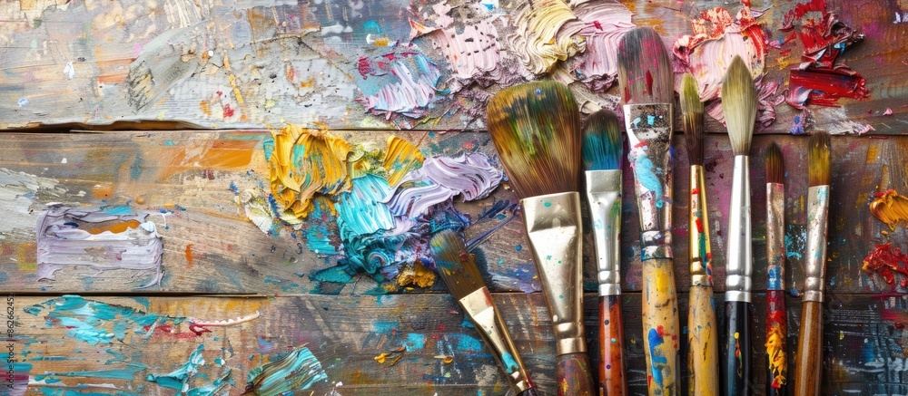 Poster craft art process with artist's paintbrushes showcased on a wooden background with ample copy space 