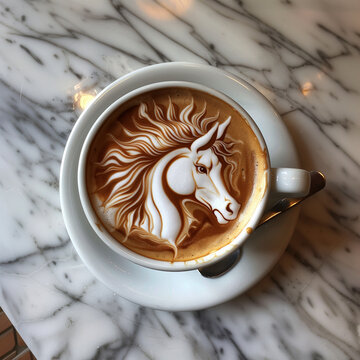 Latte art design: brewed cappuccino coffee with frothed milch cream shaped as horse head