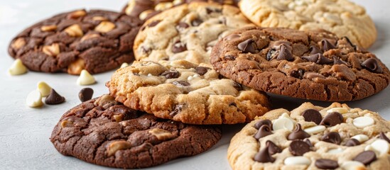 Obraz premium Assorted cookies including chocolate chip, oatmeal raisin, and white chocolate, displayed on a table with copy space image.