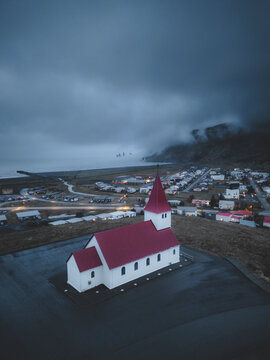 Aerial view of a church in Vik on a cloudy evening, Iceland