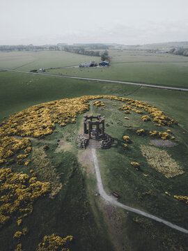 Aerial view of Stonehaven's War Memorial on Black Hill, near Dunnotar Castle, Scotland