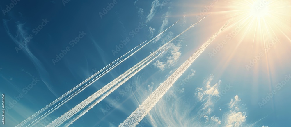 Poster streaks left by airplanes in the clear sky with a bright sun and abundant copy space image.