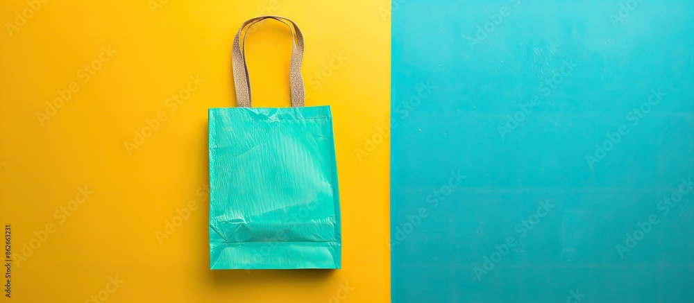 Poster Eco-friendly shopping bag placed on colorful backdrop for zero waste concept. Top view with spacious copy space image.