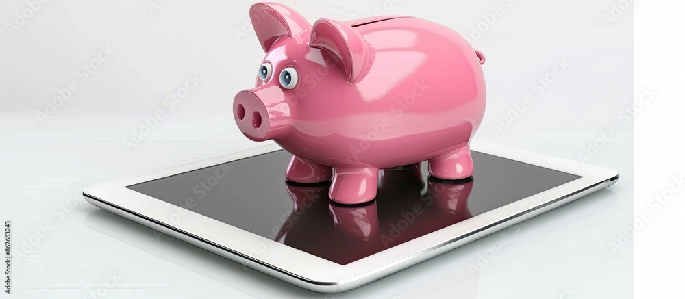 Aufkleber Tablet with a piggy bank placed on top, isolated on a white background, with space for text or other images. Copy space image. Place for adding text and design