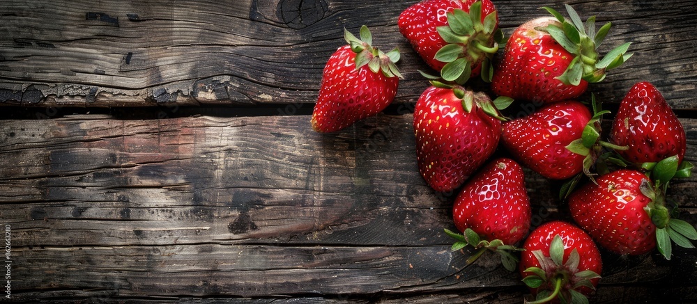 Poster juicy strawberries on a rustic wooden table with a blank area for adding text or images, known as a 