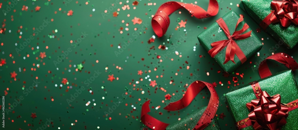 Poster close-up view of christmas presents with red ribbons, confetti, on a green backdrop with copy space 