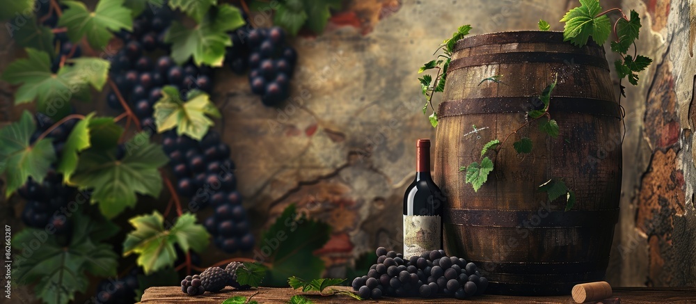 Poster An old wine barrel with a wine bottle, grapes, and vine leaves in front, creating a rustic scene for a potential copy space image.
