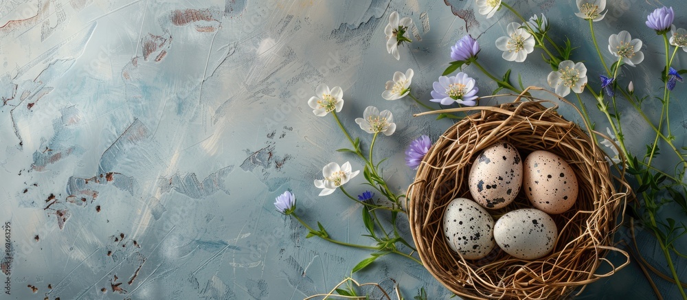 Aufkleber easter-themed flat lay with eggs in nests and spring flowers, perfect for greeting cards with a copy