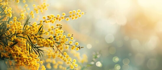 Sparse Mimosa branch with yellow spring flowers; empty copy space image.