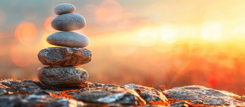 Stone cairn symbolizing balance, spirituality, and relaxation with copy space image.