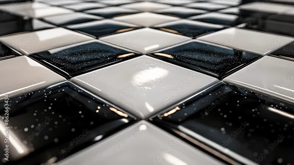 Poster a detailed closeup of a black and white checkered tile with a glossy finish and precise lines creati