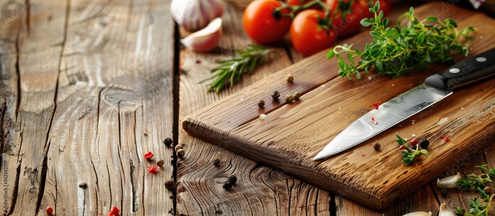 Fototapete A wooden cutting board with a white background creating space for images to be added. Copy space image. Place for adding text and design