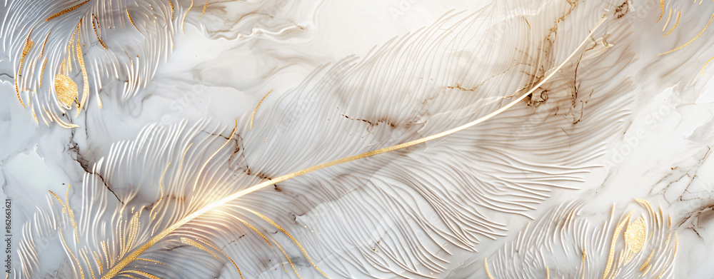 Aufkleber abstract background with a marble texture and golden lines in the form of feathers.