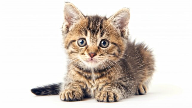 Adorable brown striped kitten with blue eyes looking at the camera. Cute animal portrait on a plain white background. Ideal for pet-themed concepts or websites, perfect for stock photo use. AI