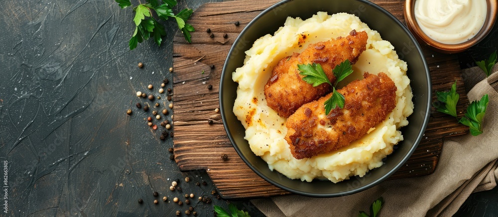 Poster A bowl of mashed potatoes and cutlet on a wooden board with a dark rustic background, shown from above with a flat lay perspective, providing copy space image.