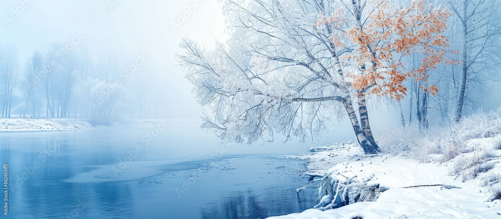 Fototapete Winter view of a birch tree on a riverbank covered with snow and frost, creating a serene scene with copy space image.