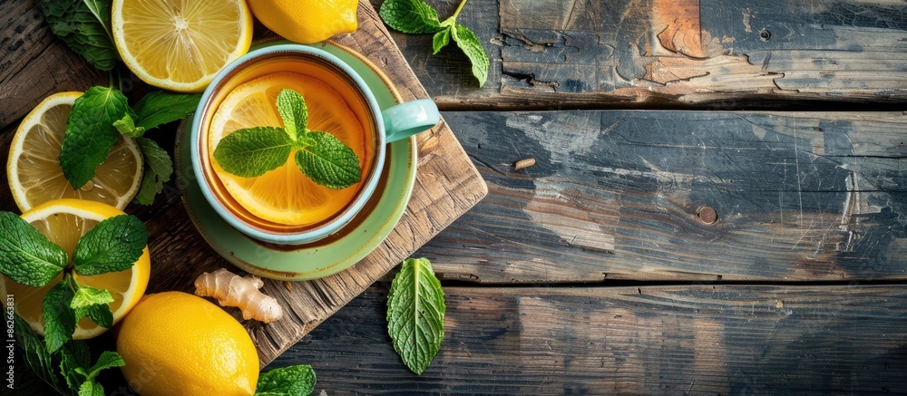 Poster top-down view of a hot drink combining mint, ginger, and lemon, set on a wooden surface, offering a 