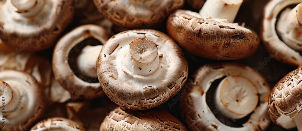 Poster close-up view of brown mushrooms, including champignons, whole and cut in half, with ample copy spac