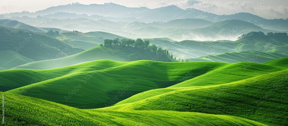 Poster Beautiful green valley with rolling hills in the background, perfect for adding text with copy space image.