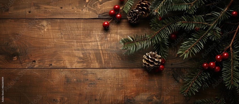 Poster An aerial view of a decorated Christmas tree branch, set against a wooden backdrop with copy space image.