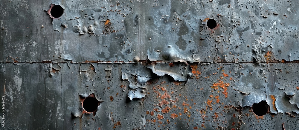 Aufkleber a weathered metal surface with openings for a copy space image.