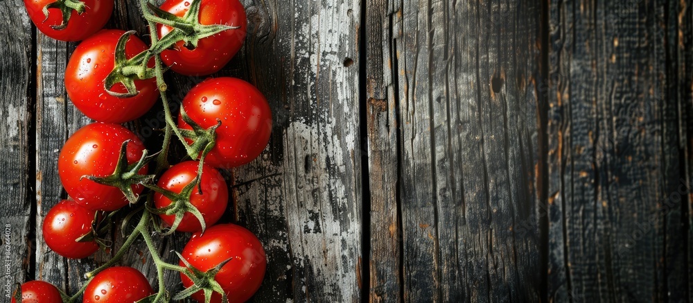 Poster cherry tomatoes on a rustic wooden background with white and black backdrop, providing copy space im