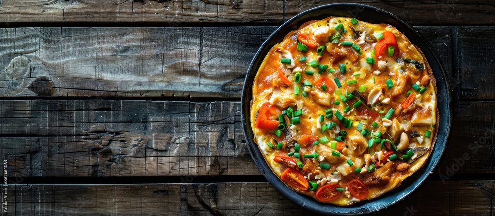 Poster A top-down view of a chicken and vegetable omelet with nuts, set against a wooden backdrop, with ample space for additional content or text.