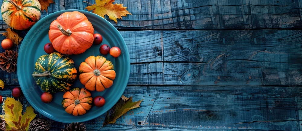 Aufkleber a plate featuring autumn decorations and pumpkins on a rustic blue wood backdrop with ample copy spa