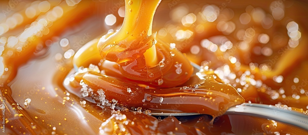 Poster close-up shot of a spoon scooping up delicious salted caramel, with a blank area for adding text or 