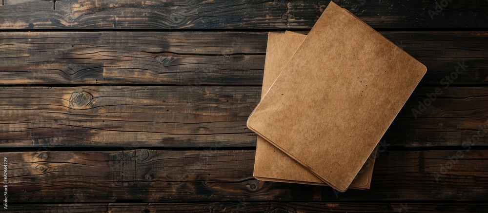 Poster mockup of kraft business cards placed against a dark wooden backdrop with ample copy space image ava